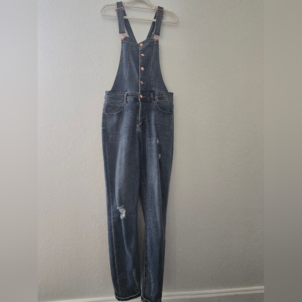 Guess Denim Skinny Overalls with Rose Gold Button Details
